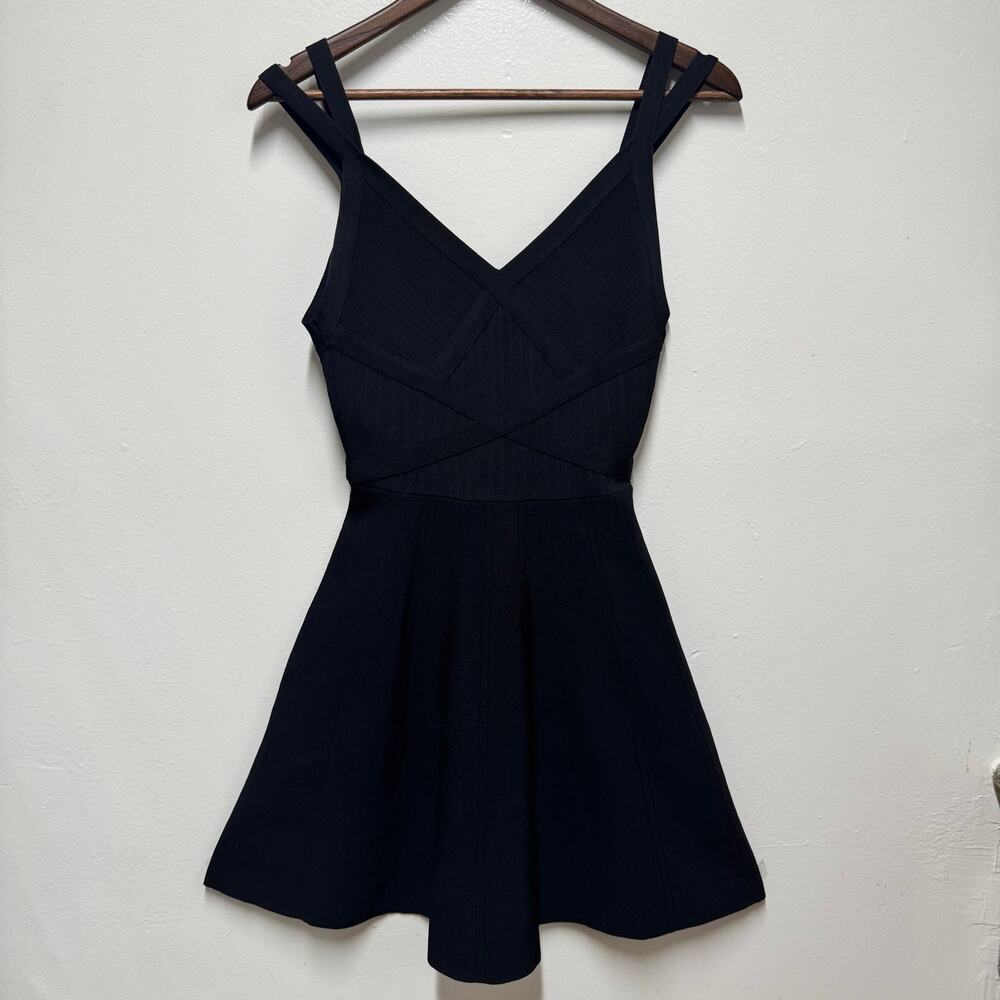 GUESS Black Ribbed Strappy V Neck Crisscross Fit Flare Mini Dress Size S LBD